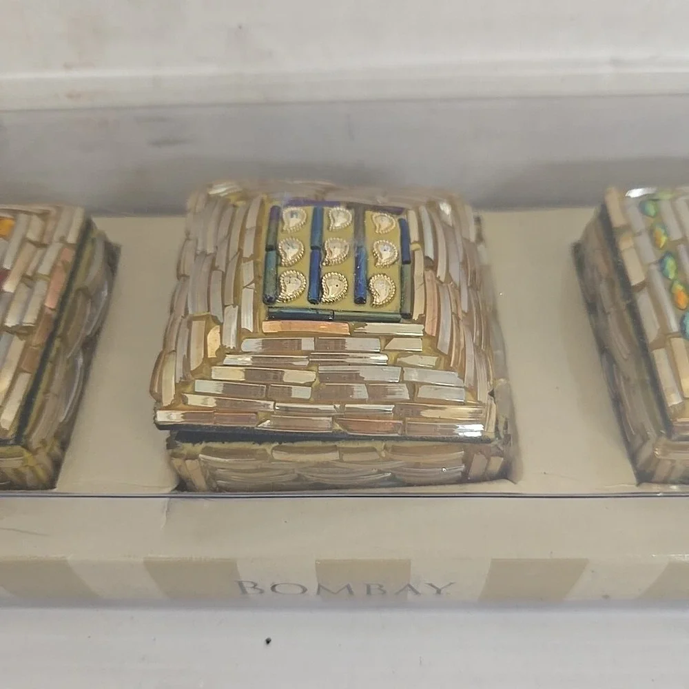 Bombay Mosaic Jeweled Rhinestone‎ Trinket Box Jewelry Keepsake ~set Of 3
